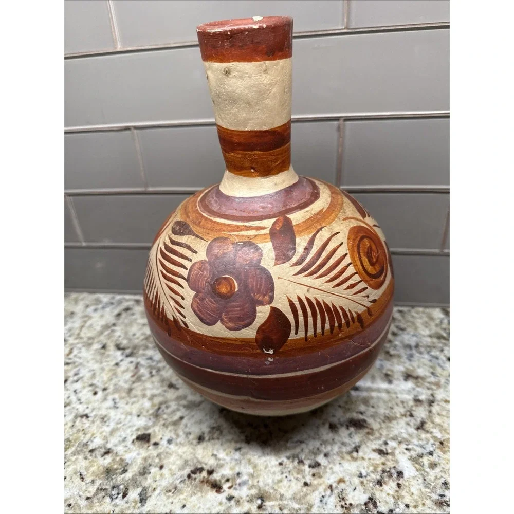 Vintage Tonala Mexican Vase  Jug Water Pitcher Vessel 13 Inches Hand Painted - Picture 5 of 8